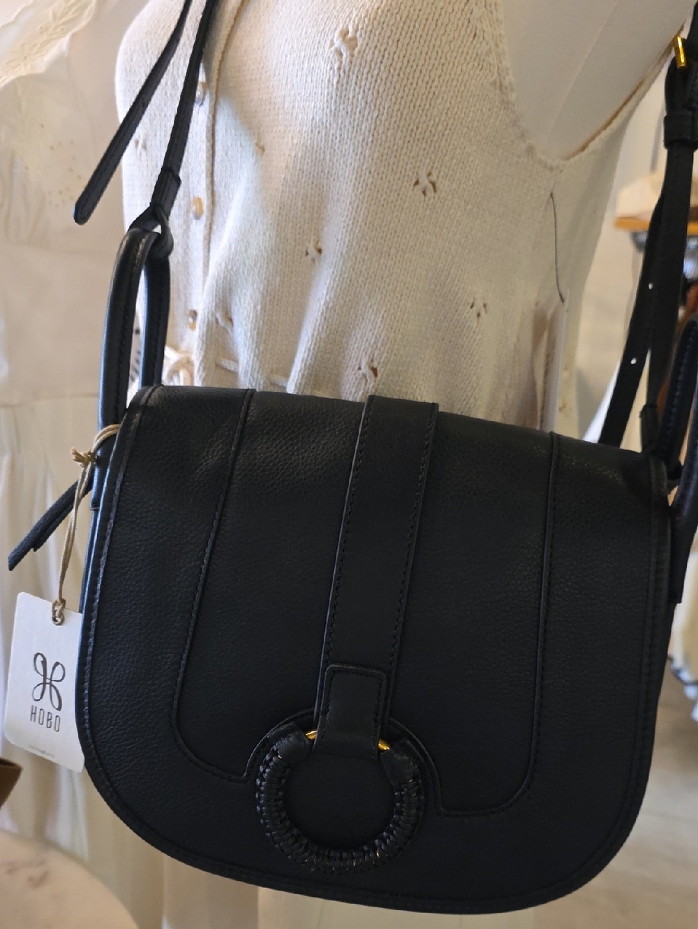 HOBO Black Leather Crossbody with Braided Ring Accent